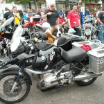 Dog perched on a BMW at Dulano's bike night