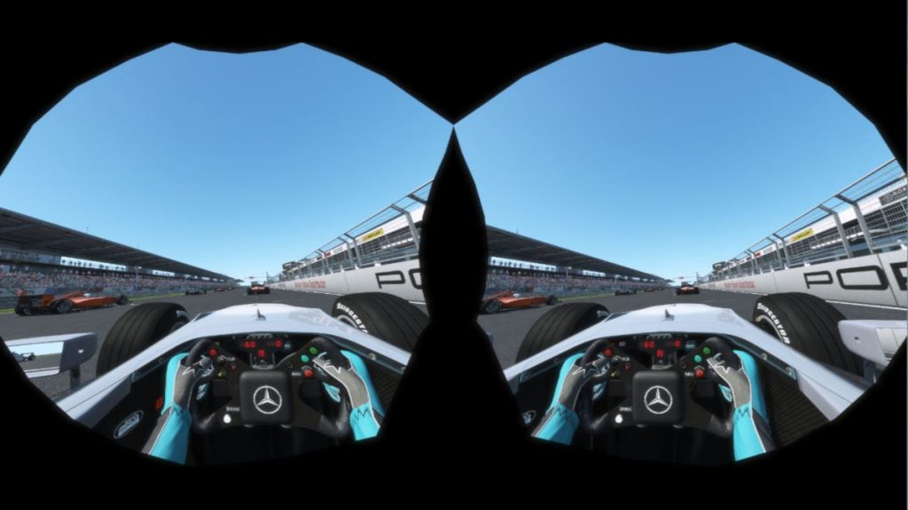 This is how the new Hidden Area Mask in rFactor 2 saves rendering parts of the game that you can't see. Example is using the Vive Pro.