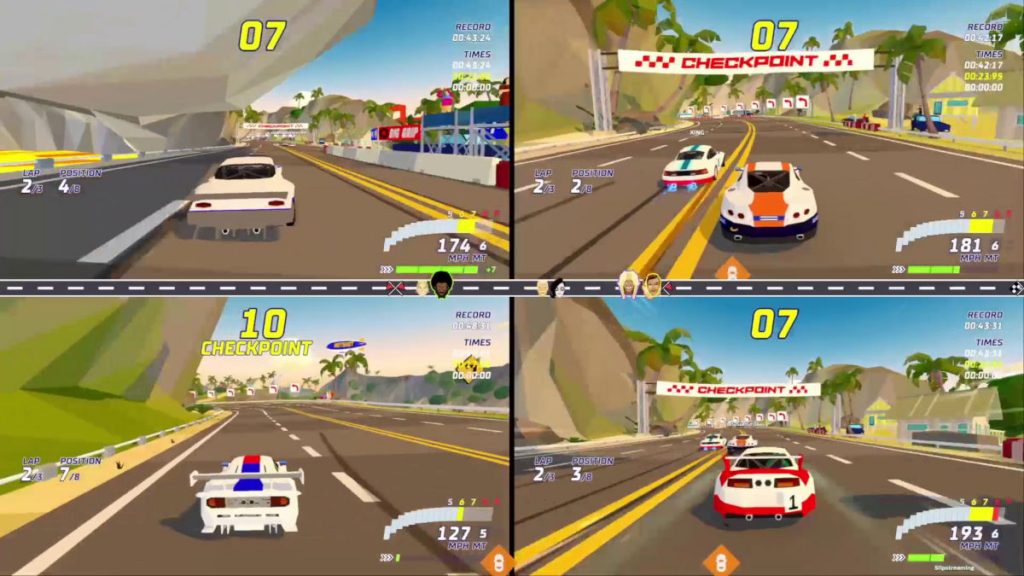 Four-player local split-screen racing is one multiplayer option in Hotshot Racing