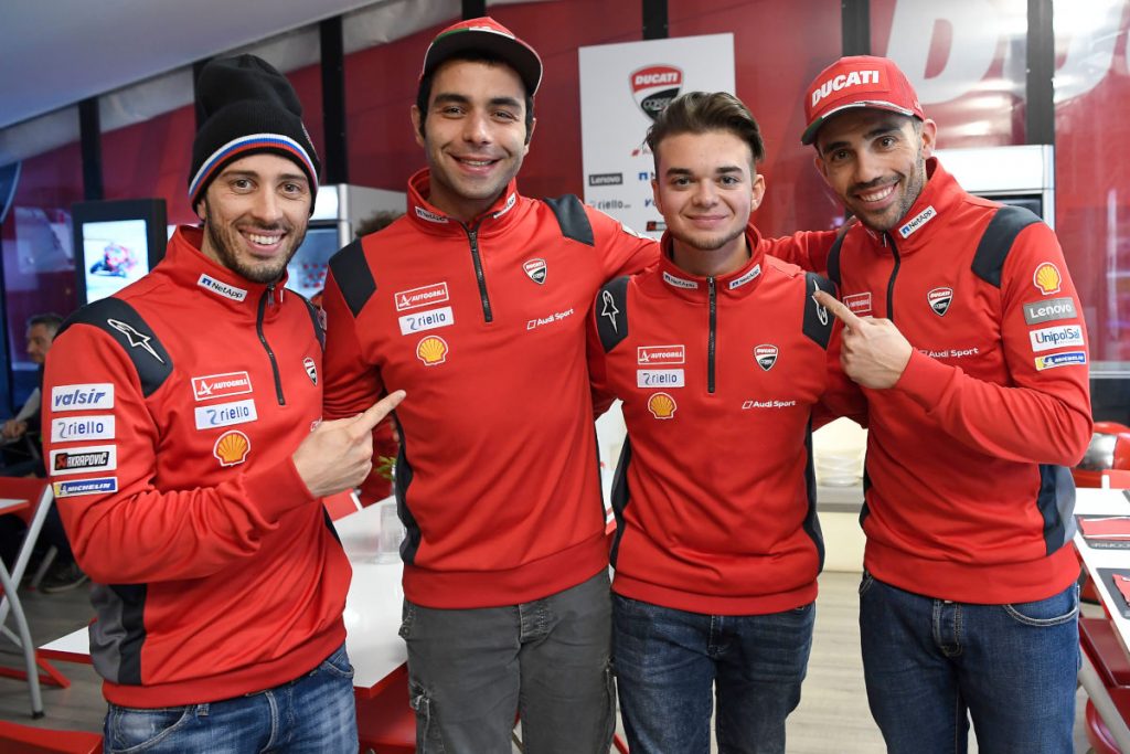 The Ducati Corse squad with Andrea Dovizioso, Danilo Petrucci, Andrea Saveri and Michele Pirro