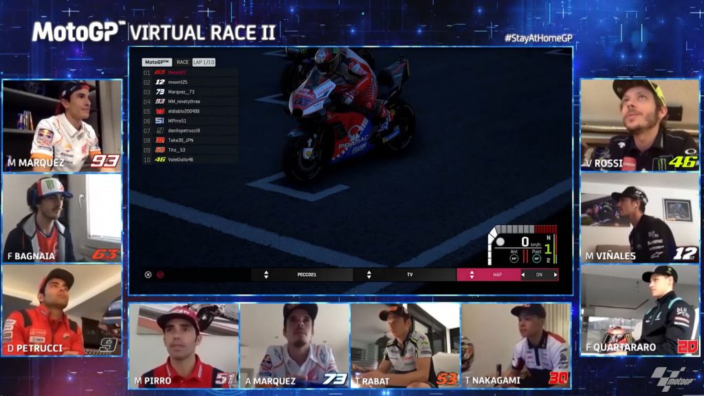 MotoGP Virtual Race 2 saw Marc Marquez and Valentino Rossi meet in virtual racing for the first time