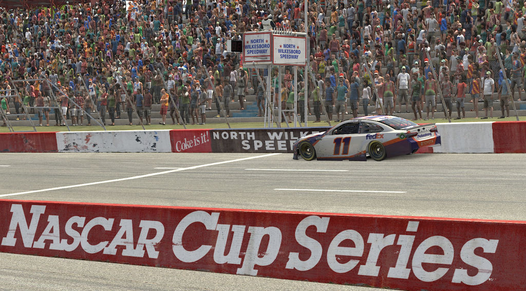 Denny Hamlin winning the 2020 eNASCAR iRacing Pro Invitational North Wilkesboro 160