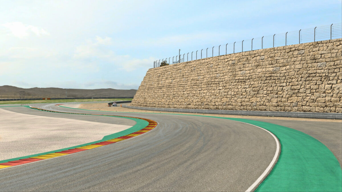 The large stone wall is one of the notable features at Motorland Aragon