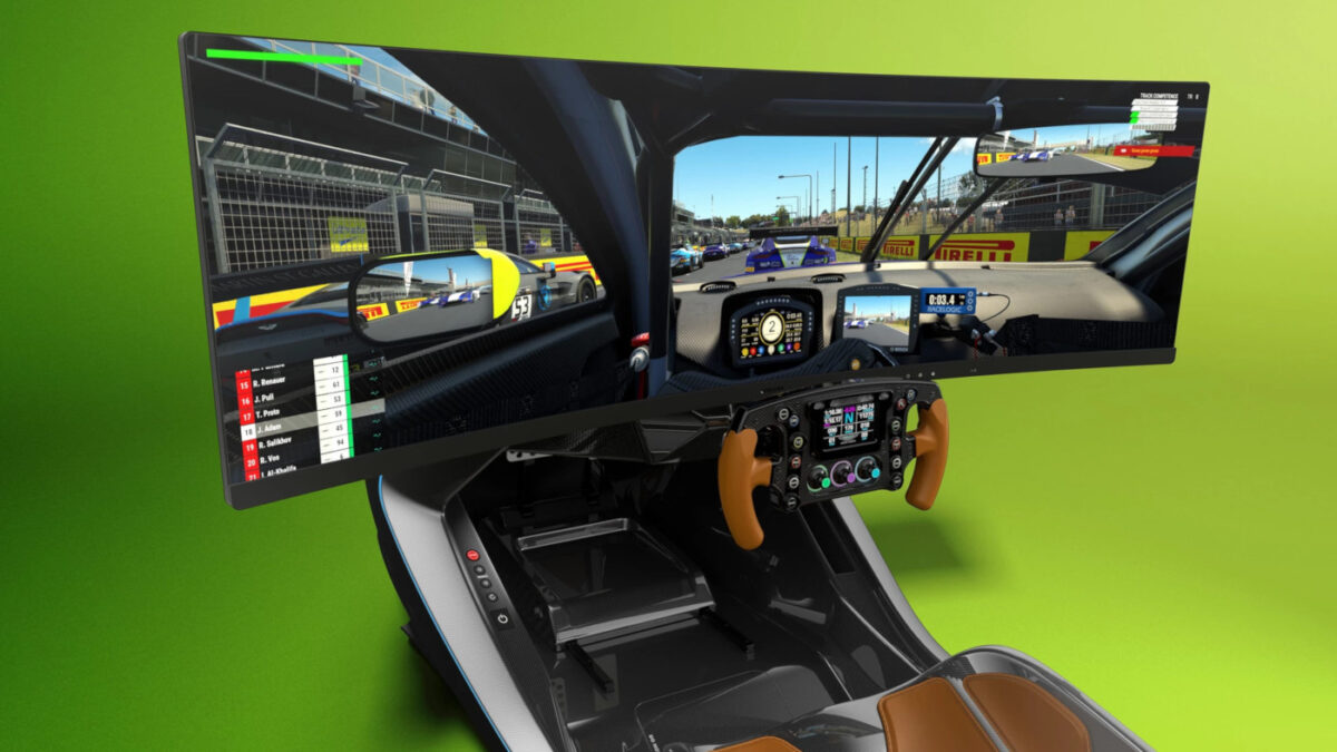 The Aston Martin AMR-C01 sim racing cockpit comes with a super ultra wide monitor as standard