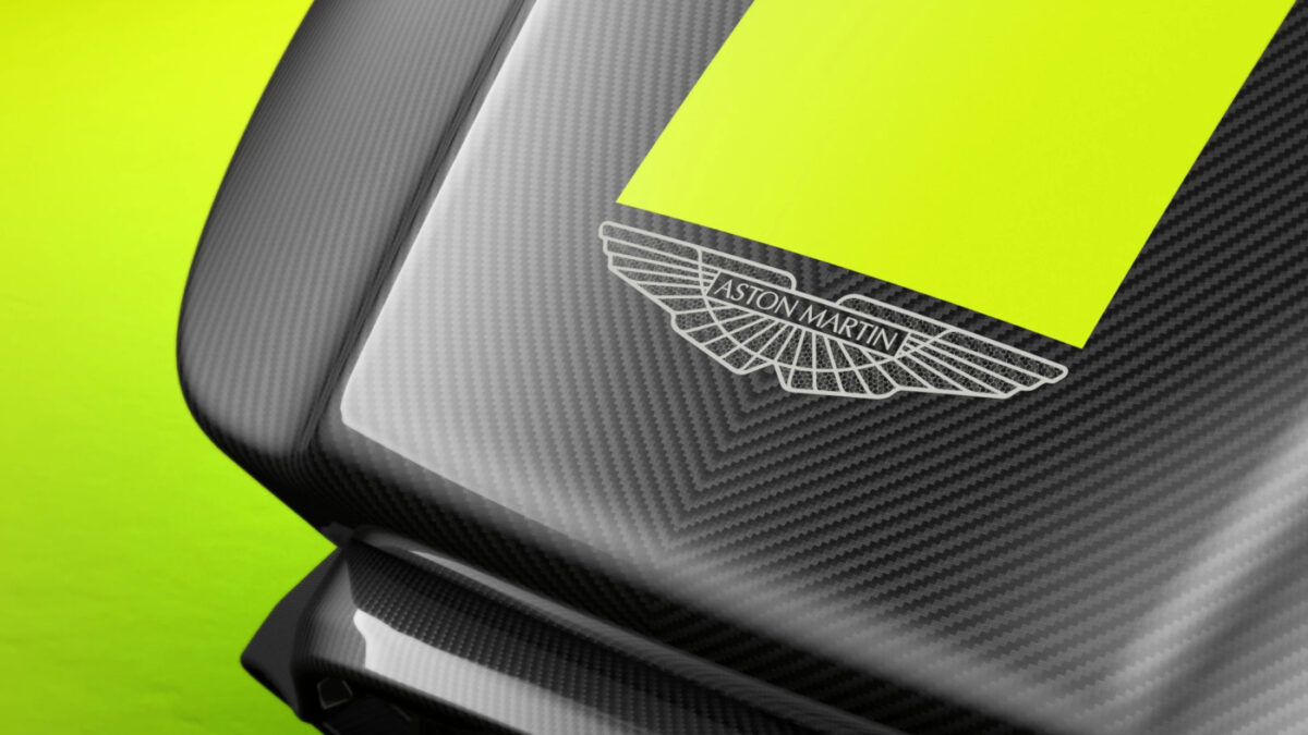 The famous badge adorns the sim rig designed by Aston Martin