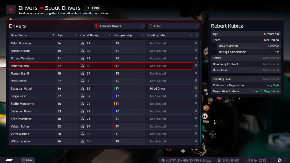See the details of drivers when you scout them in F1 Manager 2022