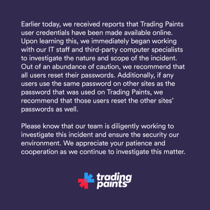 Trading Paints User Data Leak Official Statement
